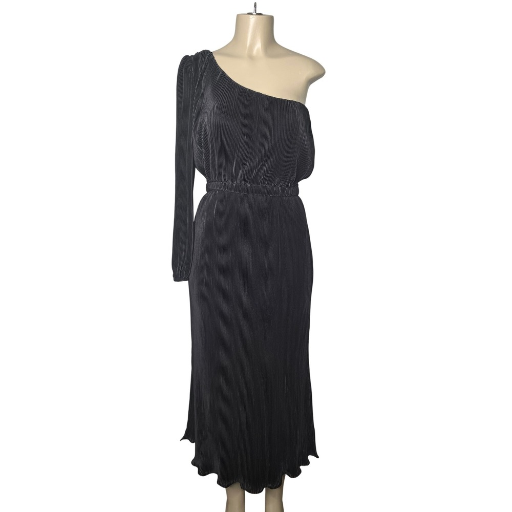 Petal + Pup Dress Women M Black Pontee One Shoulder Long Sleeve Pleated Midi NEW - Picture 4 of 12